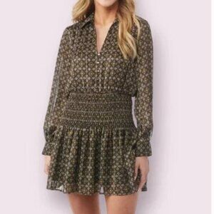 Ever After Black Glittery Boho Geometric Long Sleeve Smocked Party Event Dress